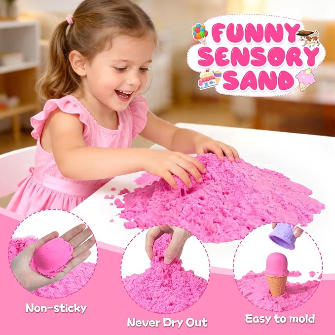 Ice Cream Sensory Bins, Play Sand Kit Sandbox Sand Toys for Kids Ages 3 4-8 | Sand Toys Set with Magic Sand, Ice Cream Toys Molds and Cleaning Tools Sandbox with Lid Sand Art Kits for Kids Birthday Gift