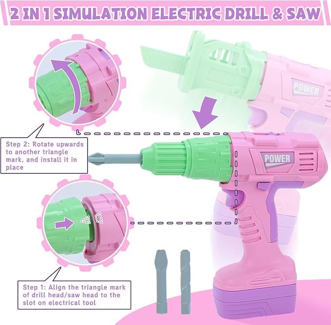 Magic4U Kids Tool Set,Toddler Toolbox with Electric Drill Working Vest | Electric Drill and Saw Toy with 3 bits, Realistic Sounds, Develop Fine Motor Skills and Hand-eye Coordination, STEM Education