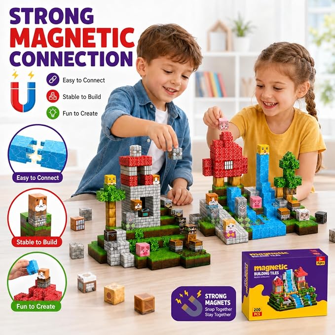 Magnetic Building Blocks 200PCS, 0.8in Stacking Cubes STEM Toy Kids Ages 3+ | Magnet Toys for Kids, Stacking Construction Magnets, School STEM Toys Birthday for Boys & Girls