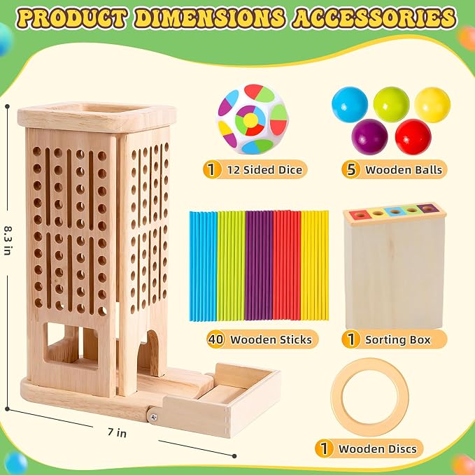 Montessori Wooden Board Games for Kids 3-8 Years, Educational Toys | Fine Motor Skills Toys for 5 Year Old, 40 Colorful Wooden Sticks, 12-Sided Dice, Math Toys, Family Games for Kids and Adults