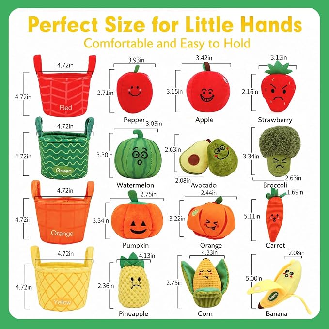 Fruit Vegetable Sensory Toys for Baby 6-12 Months - 16Pcs Plush Sorting Set Perfect for Little Hands to Grasp With Cute Faces, Bright Color Food Crinkle & Rattle, Birthday Gift for 1 Year Old Boy Girl