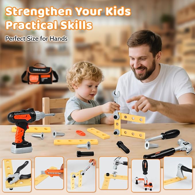 Premium Kids Tool Set, Portable Carrying Bag with Battery Powered Toy Drill, Easy-Grip Pretend Play Toddler Tool Kit, Construction Toys for Boys & Girls Age 3-8, STEM Gifts