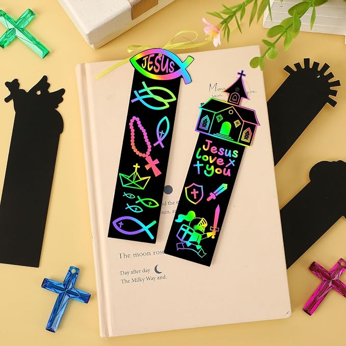 JUNEBRUSHS 30Pcs Religious Crafts for Kids, Easter Rainbow Color Scratch Art Bookmarks Resurrection Cross Religious Gifts for Kids Sunday School Church Bible Crafts Kits