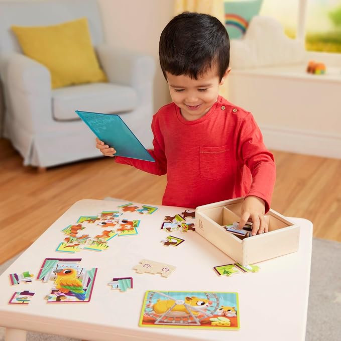 B. toys Wooden Puzzles Pack o' Puzzles Pets & Dinos 2-Pack Set, 2 Pack | 8 wooden jigsaw puzzles in 2 storage boxes; 12 pieces each, pet and dinosaur themes, color-coded backs, 2 Pack; 3+ Years