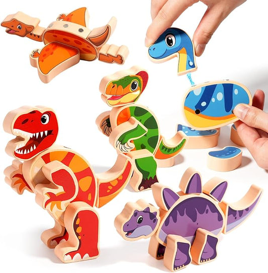 INIFEIDALA Magnetic Wooden Dinosaur Building Blocks, Ages 3-6 | Take Apart, STEM Montessori Educational Toy, Fine Motor Skills Development, Hand-Eye Coordination