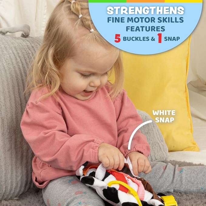 Buckle Toys, Bessie Cow, Develop Motor Skills and Problem Solving | Montessori Learning Activity Travel Toy for Toddlers, Develop Motor Skills and Problem Solving