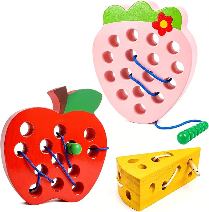Wooden Lacing Toys for Kids,Car Plane Travel Toys Games Toys Montessori Educational Learning Fine Motor Skills for Boys Girls Ages 3+(3 Pack Threading Toys)