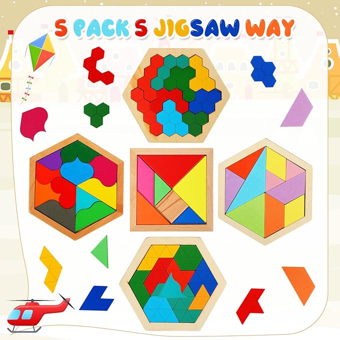 Jerify 5 Pack Wooden Tangram Puzzle for Kids, Brain Teaser Puzzles | Wooden Hexagon Puzzle Block Teaser, Pattern Blocks, Tangram Puzzle, Geometric Shapes Tangram Games, Boys Girls Toddler 1-3