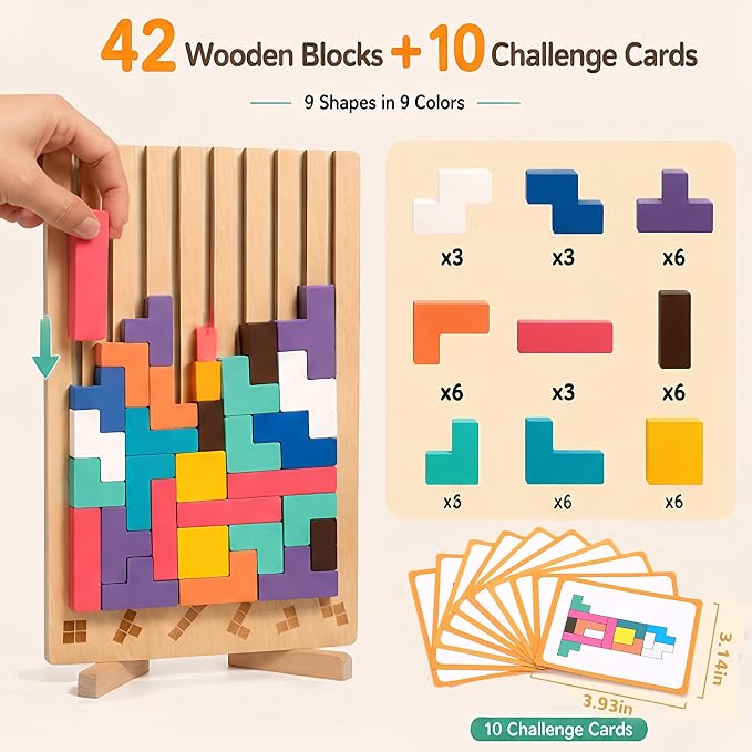 Montessori Wooden Stacking Puzzle Toy, 3D Color Stack Game for Kids Ages 3+ | 42 Solid Wood Blocks Puzzle, Smooth Edges, Logic Development, Brain Teaser, Giant Stacking Challenge Game, Preschool, Family