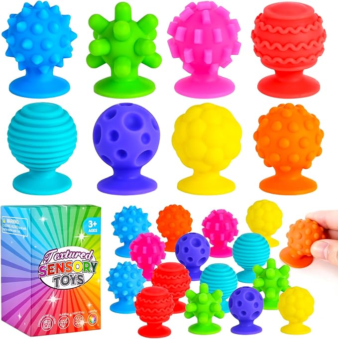 GOLDGE 16 Pack Sensory Fidget Toys for Kids, Textured Suction Cup Toys | 8 Colors Silicone Stress Relief Toys for Autism, Calm Corner Supplies for Classroom, Stocking Stuffers, Road Trip