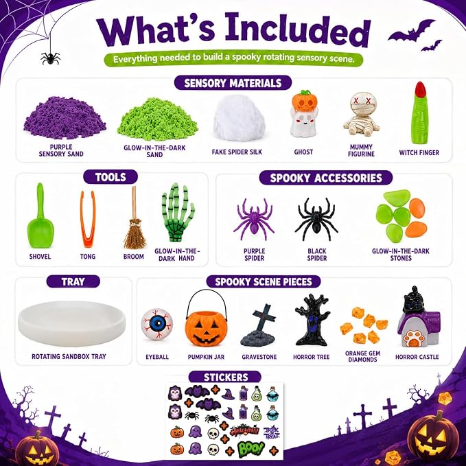 Halloween Sensory Bin Rotating Sandbox with Glow Sand Kit for Kids | Sensory Play Set with Glow-in-the-Dark Sand and Halloween Figures, gift for for boys and girls ages 3-8