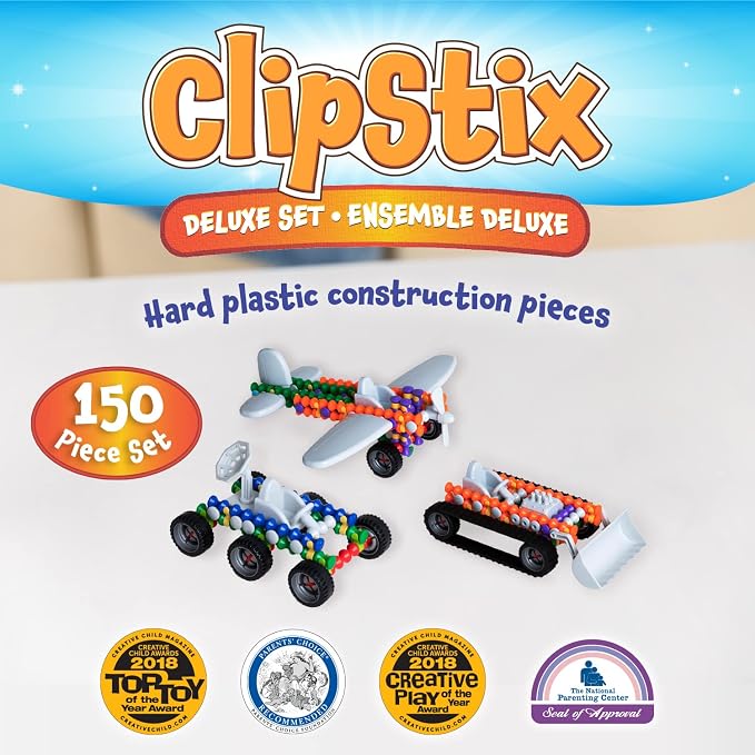 POPULAR PLAYTHINGS Clipstix Building Sticks Kit, Deluxe 150 Piece, Playstix | Construction Stem Building Gift, Playstix, for Boys & Girls, for Kids