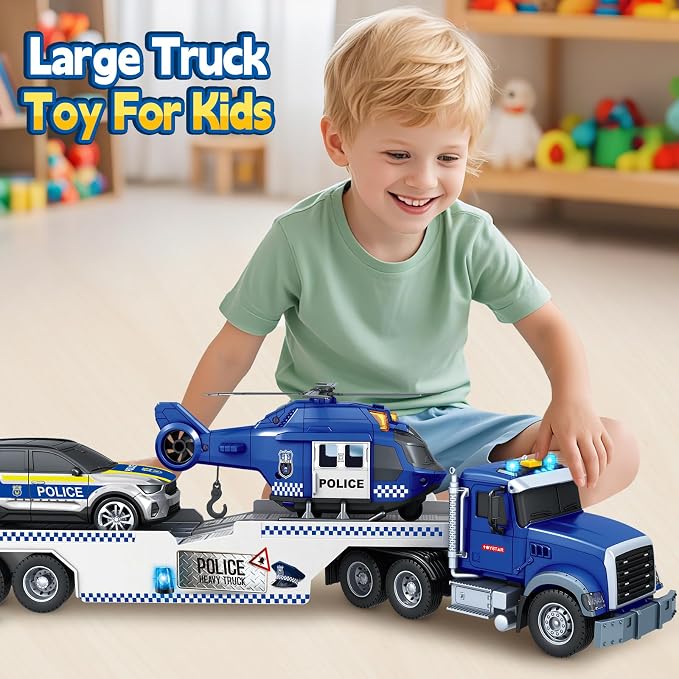 Kids Toys for 3 4 5 6 7 8 Years Old Boys, 20.5" Police Truck Toy with Racing Car and Helicopter, Toddler Friction Powered Truck Vehicle Toy with Lights, Sounds for Boys Girls Christmas Birthday Gifts