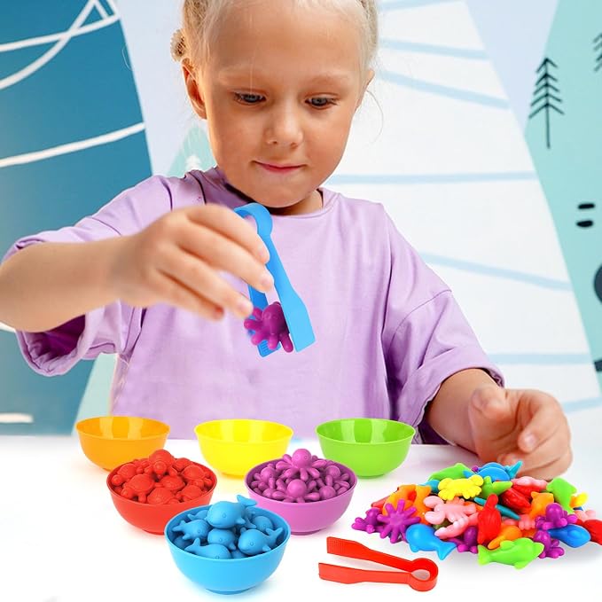 AMOR PRESENT 56 Couting Animals, 6 Sorting Bowls, 2 Tweezers, Storage Tube | Ocean Animals, Color Sorting Toys, Matching Game, Montessori Learning, for Toddlers, Fine Motor Skills