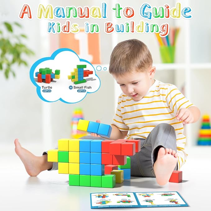 Magnetic Blocks Large, 56PCS 1.34in Magnetic Building Blocks, 3D Magnetic Cubes for Toddlers, Preschool Educational Construction Kit, Sensory Montessori Toys Kids Blocks for Boys Girls Toddlers