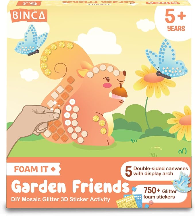 BINCA Foam Sticker Mosaic Art Activity, 750+ 3D Glitter Foam Stickers, 5 Garden Animals with Display Arch, DIY Mess-Free Activities, Gifts for Boys & Girls Ages 5,6,7,8