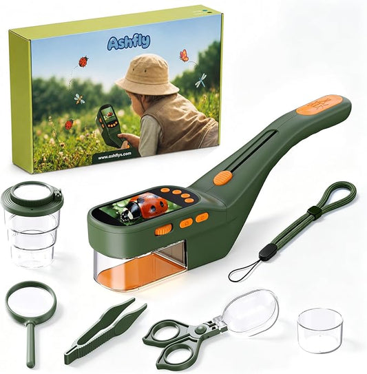 Ashfly Bug Catcher Kit for Kids, Handheld Microscope for Kids with Screen | No-touch catching with clear chamber, manual focus, photo/video and USB-C PC viewing for close-up insect observation