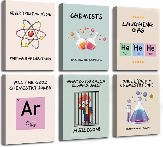 AIOCDIT Science Posters School Educational Wall Decor Set of 6 | 8x10 Inch Funny Chemistry Canvas Wall Art,Boys Bedroom Decorations Vertical Hanging