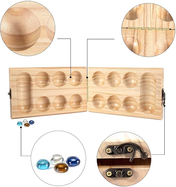 AMEROUS Wooden Mancala Board Game Set - Folding Board - Multi Color Glass Stones - Gift Package - Mancala Instructions, Portable Travel Board Game for Kids and Adults