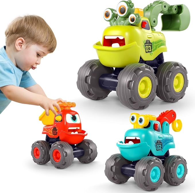 Toy Cars for 1-3 Year Old, 3 PCS Construction Monster Truck, Toddler Toy | Baby Toys 12-18 Months, Kids Toy, Christmas & Birthday Gifts, Pull Back Car with Big Wheel, Crane Truck Dump Excavator