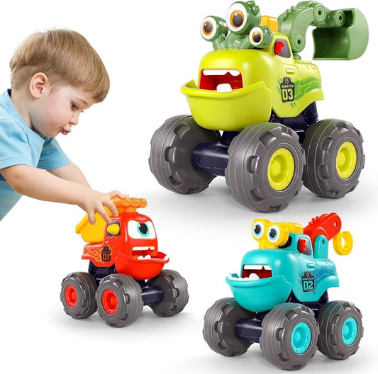Toy Cars for 1-3 Year Old, 3 PCS Construction Monster Truck, Toddler Toy | Baby Toys 12-18 Months, Kids Toy, Christmas & Birthday Gifts, Pull Back Car with Big Wheel, Crane Truck Dump Excavator