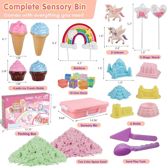Aliex Unicorn Sensory Sand Bin for Girls, Complete Moldable Play Sand Kit | 2.2lbs colorful magic sand, castle ice cream molds, tools for creative play, sandbox with lid, birthday gifts for toddler 3-8