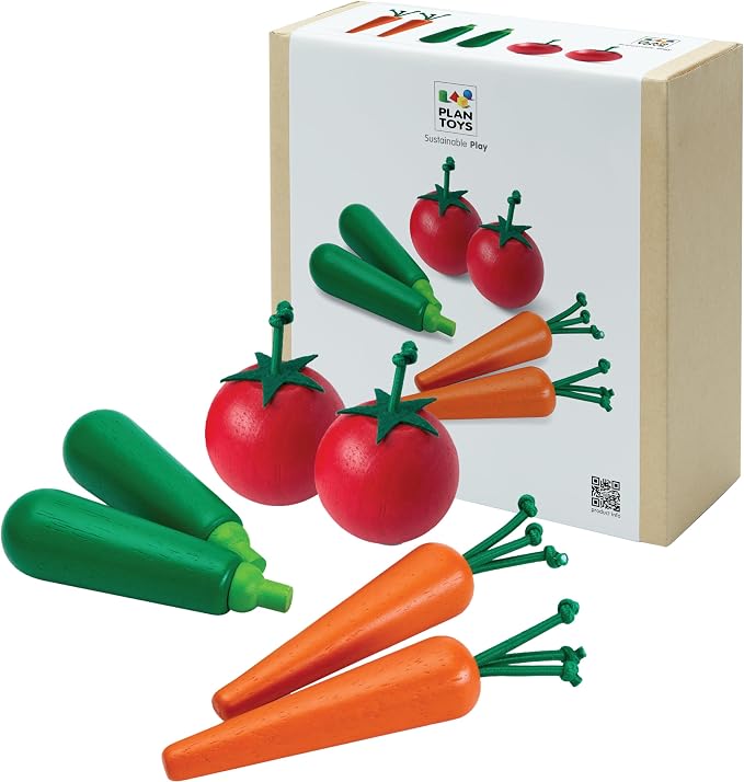 PlanToys® Wooden Fresh Produce Set Carrots, Zucchinis & Tomatoes Kids Toy | slicing, wooden knife, fruits and vegetables toys, girls, boys, montessori pretend food fine motor gift preschool learning
