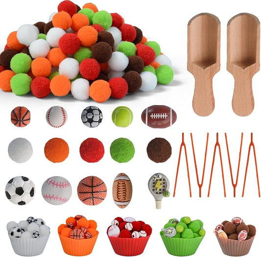 242pcs Sports Balls Sensory Bin Filler Fine Motor Toys Ball Sensory Bin Items Easter Soccer Baseball Basketball Football Tennis Sensory Bin Items Pom Poms for Color Counting Sorting