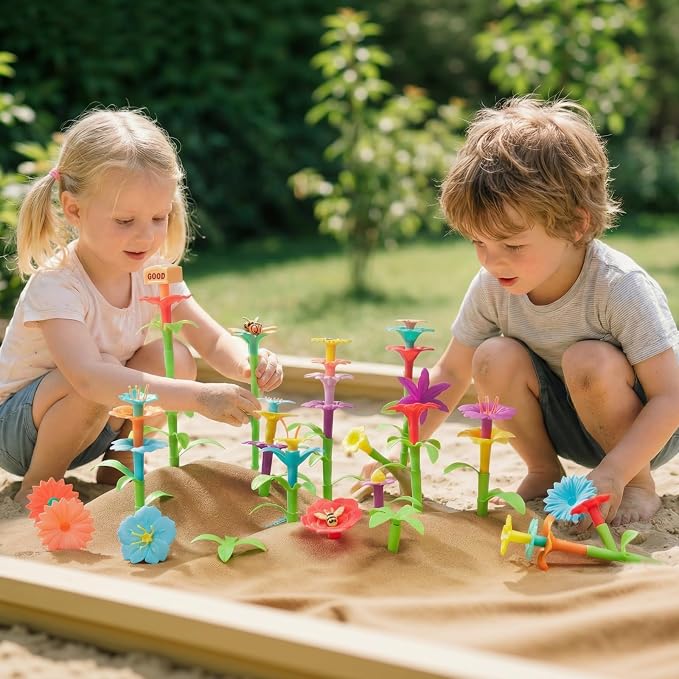 194 Pcs Flower Garden Building Toys, STEM Educational Block Set for Toddlers Ages 3-5, Non-Toxic Stacking Playset with Big Storage Box, Birthday for Preschool Kids
