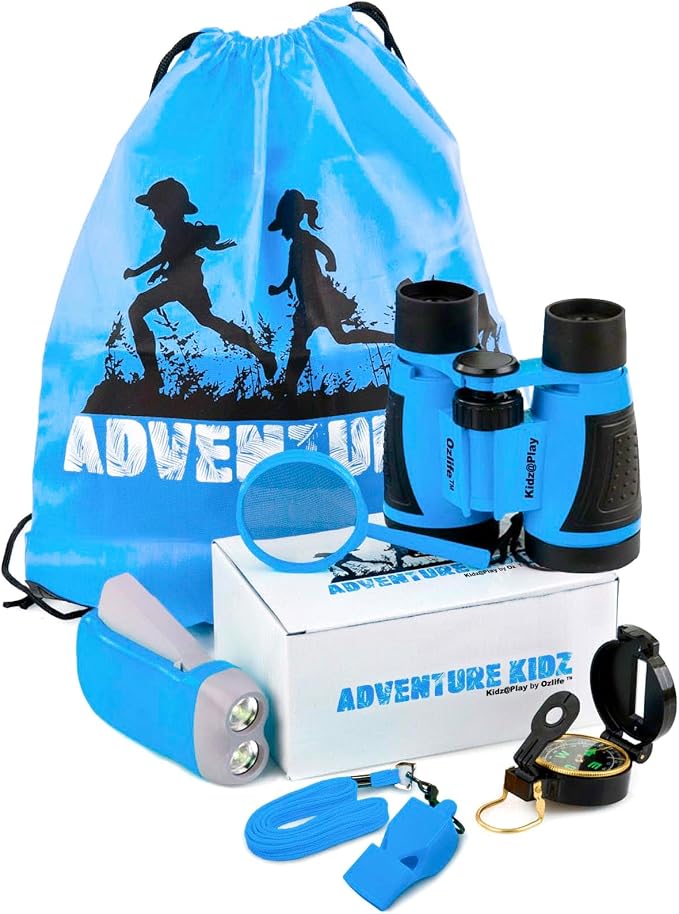 Adventure Kidz - Outdoor Exploration Kit, Children’s Toy Binoculars, Torch, Compass, Whistle, Magnifying Glass, Backpack. Great Kids Gift Set for Camping, Hiking, Educational and Pretend Play. | Children's Binoculars, Flashlight, Compass, Fox Whistle, ...