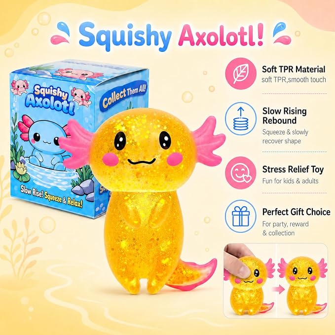 Axolotl Squishy Stress Ball, Soft TPR Slow Rising Squeeze Toy, Cute Axolotl Fidget Toy for Stress Relief, Anxiety Calming Sensory Toy for Kids Adults(Orange Long Tail Axolotl)