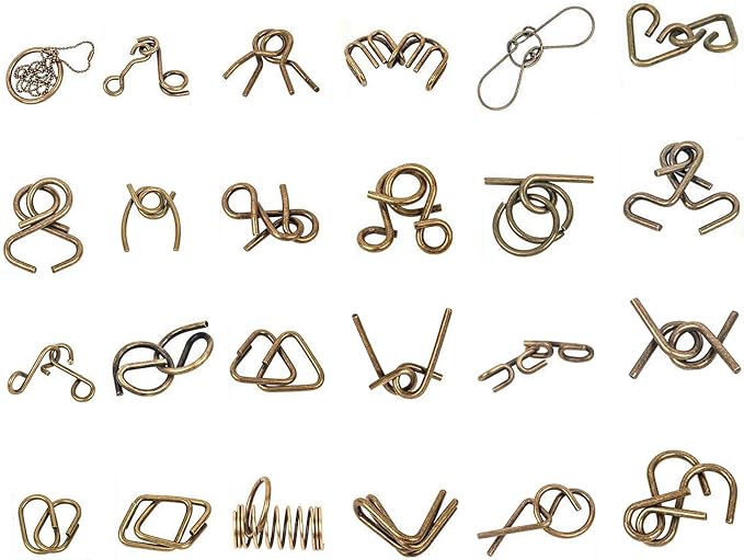 Ahyuan Metal Wire Puzzles Set 32 with Pouch Large Thick Brain Teaser Puzzles Fidget Toys IQ Test Mind Games Toys Magic Trick Toy Metal IQ Puzzle Party Favors for Kids Adults (Bronze)
