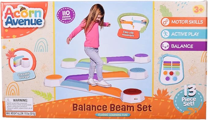 Acorn Avenue Balance Beam & Stepping Stones 13 Pc - Sensory - Toddler | Plastic Build, 5 Textured Platforms, 8 Color Blocks, 20 x 11 x 11 in, Up To 110 lb, Ages 2-12y, Indoor Outdoor Play