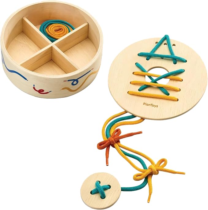 PlanToys® Lacing Boards | Wooden Lacing Toy for Toddlers 12M+ | Develops Fine Motor Skills, Hand-Eye Coordination & Problem-Solving | Includes 2 Discs & 7 Strings for Interactive Play