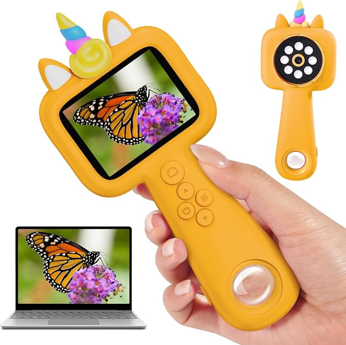 2.4" Screen Handheld Microscope for Kids, 600X Digital 4K Kids Microscope, 8 LEDs Pocket Microscope, Portable Edu Toy for Ages 3-12 Boys& Girls Exploring Bugs Plants at Home & Outdoor Travel(Yellow)