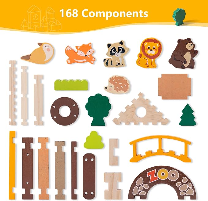 Wooden Building Blocks Set 168 Pieces Joinery Toys for Kids 3 Montessori STEM Educational Toy with Mortise and Tenon Structure Fine Motor Skills Development Gift for Boys Girls