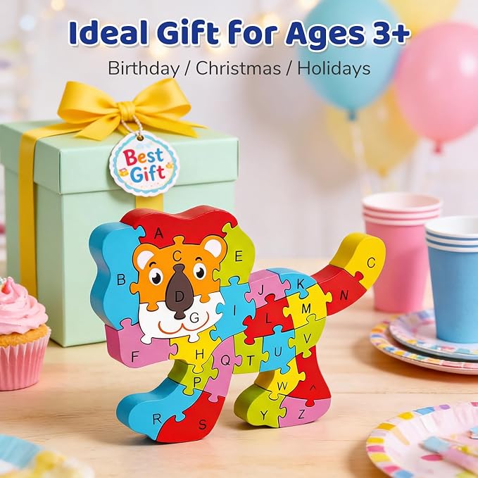 LovesTown Puzzle for Kids, Wooden, 3D Lion Shape | for Ages 3-5, Double-Sided, Alphabet Recognition, Number Counting, Fine Motor Skills, Montessori Learning Gifts