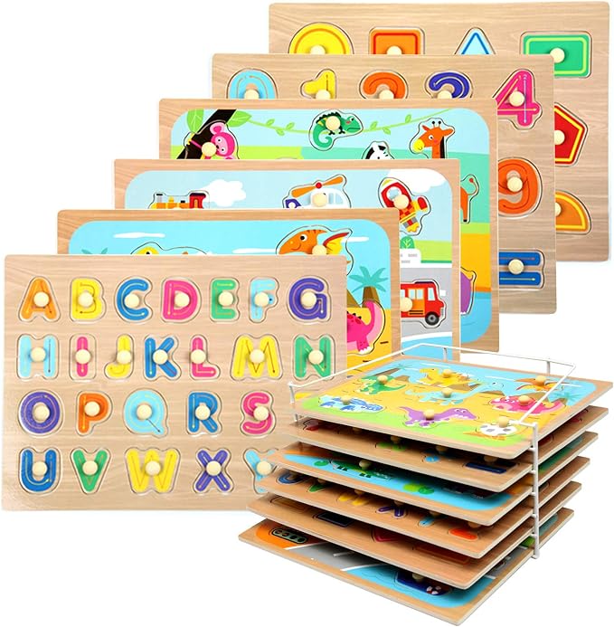 WOOD CITY Toddler Puzzles and Rack Set, Wooden Peg Puzzles Bundle with Storage Holder Rack, Educational Knob Puzzle for Kids Age 3 4 Years - Alphabet Number Shape Dinosaur Animal Vehicle