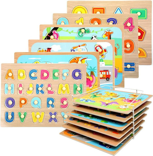 WOOD CITY Toddler Puzzles and Rack Set, Wooden Peg Puzzles Bundle with Storage Holder Rack, Educational Knob Puzzle for Kids Age 3 4 Years - Alphabet Number Shape Dinosaur Animal Vehicle