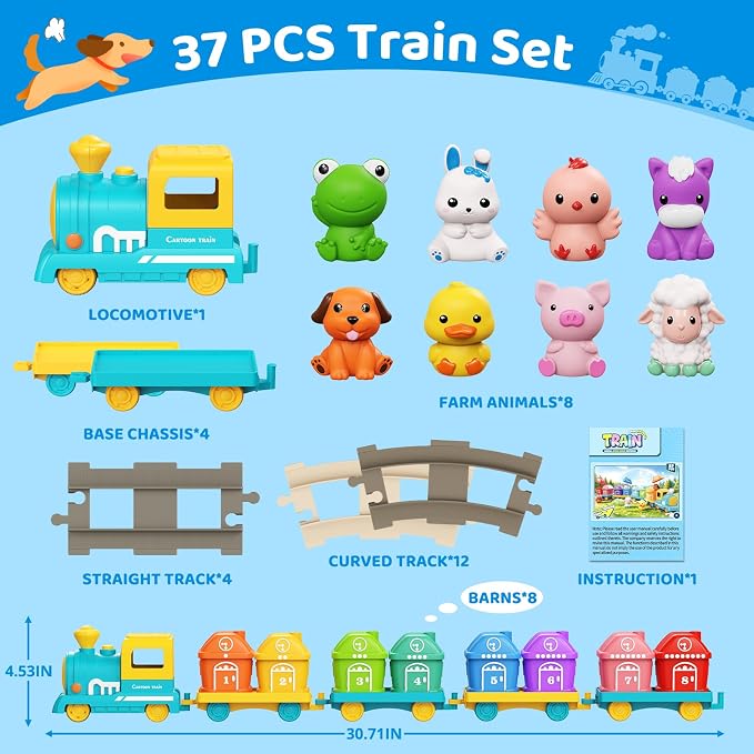 Electric Train Set for Toddler with Farm Animals, Music & Lights, Ages 2-4 | Montessori Self-Moving Electric Train Set, 37 PCS with 8 Numbered Barns and Animal Finger Puppets for Counting and Sorting