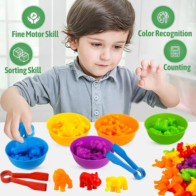 RAEQKS Counting Sorting Toys Matching Stacking Toys with Bowls Preschool Learning Activities Educational Sensory Game Montessori STEM Toy Daycare Sets Animals Gifts for Kids Boys Girls