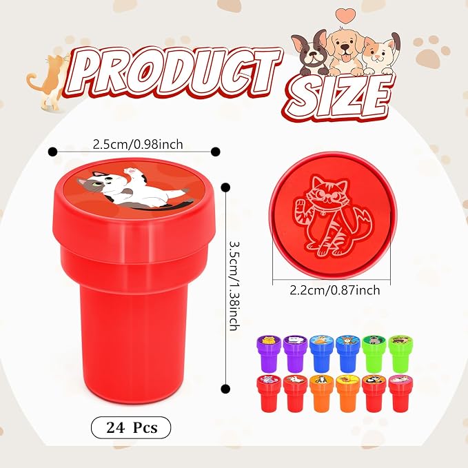 Cinrobiye 24 Pcs Cat Stampers Party Favor Set, Cute Kitty Stamps for Kids Birthday Party, Classroom Rewards, Carnival Prizes, Goody Bag Fillers, Cat Lover Party Supplies