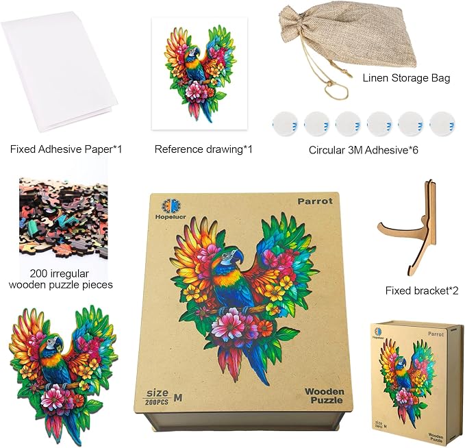 Wooden Puzzles for Adults Floral-Winged Parrot Puzzle - Laser-Cut Unique Shaped Stress Relief Jigsaw Puzzle, Wall Art Home Decor Gift for Family, Christmas Thanksgiving Gifts (14.9"×11.1" 200pcs)