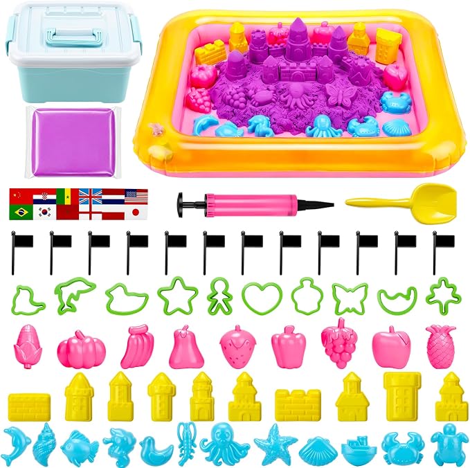 Teyva Daily 59 Pcs Sensory Bin Sand Kit with 2.2lbs Purple Moldable Play Sand, Inflatable Tray, Lidded Storage Box, Castle Ocean Animal Fruit Molds, Flags and Pump for Kids Toddler Ages 4-6