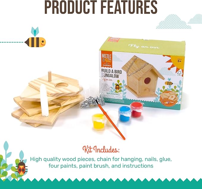 Beetle & Bee Build A Bird Bungalow - DIY Kid Art Craft Outdoor Birdhouse Kit, House Painting Kit for Kids, Hardware Glue Included- 4 Paints, 1 Brush, 7 Wooden Pcs, Chain For Tree Hanging Age 5+ | Includes Paints, Brush, Glue, Nails, Chain, Instructions...