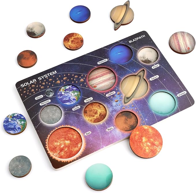 Solar System Planet Outer Space Toddler Wooden Puzzle Toys for Kids 3-5 | Space Themed Wood Puzzle Board Sensory Toys Model Gift for Girls and Boys, Preschool Learning Activities STEM Montessori Game