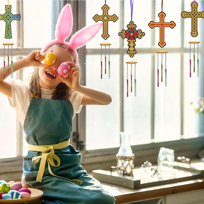Fennoral 9 Pack Cross Wind Chime Kit for Kids Make You Own Sunday School Craft for Kids Wooden DIY to Paint for Art Activities Christian Mom's Gifts Birthday Sunday School Decoration