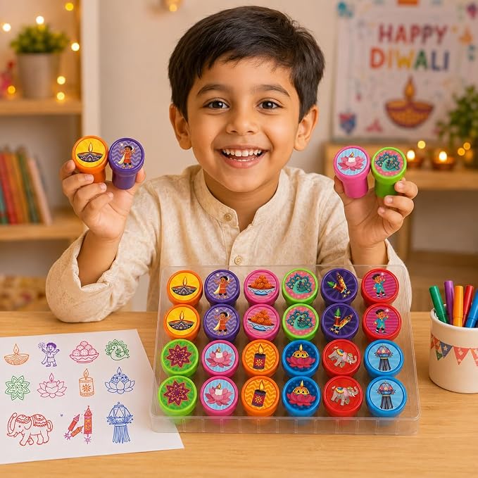 Cinrobiye 24 Pcs Diwali Stampers Party Favor Set, Cute Festival of Lights Stamps for Kids Diwali Celebration, Classroom Rewards, Cultural Party Supplies, Goody Bag Fillers, Holiday Party Favors