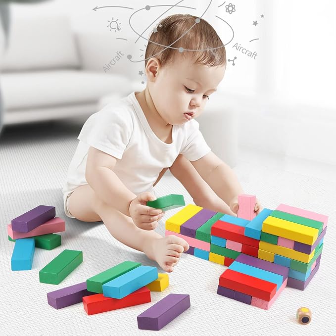 Wooden Blocks Stacking Games 48PCS Tumbling Tower for Kids Families | Tumbling Stacking Blocks Game for Kids and Families, Wood Colorful Balancing Blocks Montessori Toys for Kids with Storage Bag