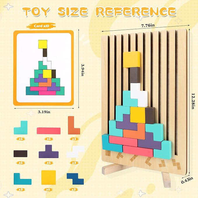 Wooden Stacking Puzzle Board, Montessori Brain Blocks for Kids Ages 3-8 | DIY Wooden Board Puzzle Game, 3D Russian Block Game, STEM Educational Toys, Boy & Girl Gifts for Birthday & Christmas